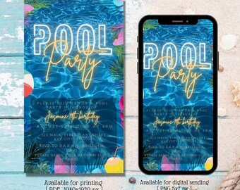Pool Party text birthday invitation, Digital Tropical Invite, Any Age, Editable Template, Evite, pool party invitation, instant download