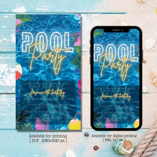 Pool Party text birthday invitation, Digital Tropical Invite, Any Age, Editable Template, Evite, pool party invitation, instant download