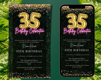 Invitación digital de cumpleaños número 35, invitación de mensaje de texto rosa neón verde electrónico, invitación editable, descarga instantánea, teléfono evitar