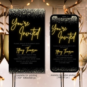 Digital You're Invited Invitation, Electronic Birthday Invite, Birthday Celebration,Glitter,Gold, Editable Template, Evite, Instant Download