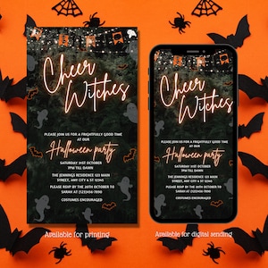 May include: A printable and digital Halloween party invitation with a dark green and black background featuring a spooky forest scene with bats, ghosts, and string lights. The text reads "Cheer Witches Halloween Party" with the date and time of the party, location, and RSVP information.