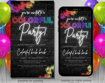 Electronic Colorful Kickback Digital Invitation, Brick Wall Rainbow picnic, Picnic party, Backyard party, Instant download