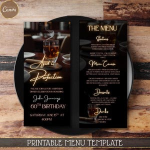 Editable Birthday Dinner Menu Template, 2-Page Printable Whiskey and Cigar Theme Menu Card, Men’s Birthday Party, Instant Download