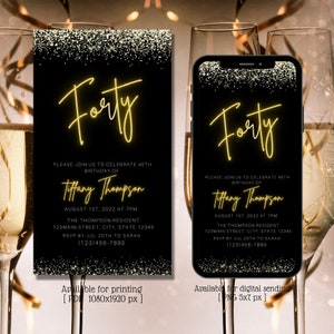 40th Digital Gold Neon Birthday Invitation, Electronic Birthday Party Invite, Glitter, Editable Template, Phone Evite, Instant Download