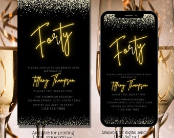 40th Digital Gold Neon Birthday Invitation, Electronic Birthday Party Invite, Glitter, Editable Template, Phone Evite, Instant Download
