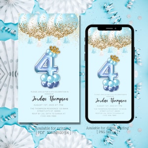 4th Birthday party Digital Invitations, Boy 4th birthday, Balloon Numbers, Toddler birthday party, Blue Gold, instant download