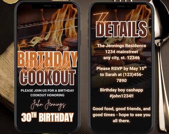 May include: Two digital invitations for a birthday cookout. The first displays "Birthday Cookout" with flames and grilling food. The second shows event details, including the address, RSVP information, and a cash app handle. The invitations are for John Jennings' 30th birthday.