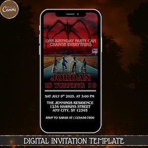 May include: A digital invitation template displayed on a smartphone. The invitation features a red and black graphic with the text "ONE BIRTHDAY PARTY CAN CHANGE EVERYTHING" and "JORDAN IS TURNING 10". Additional details include the date, time, address, and RSVP information.