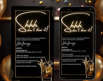 Invitación a una fiesta sorpresa de cumpleaños, mensaje de texto electrónico para una cena de 40 años con temática de oro negro, invitación editable, descarga instantánea
