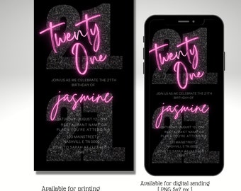 21st Neon pink birthday digital  invitation, Electronic birthday party invite, luxury, Pink, Glitter,  Editable template, instant download