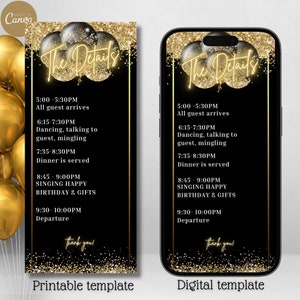 Digital Birthday Itinerary Invitation, Electronic Schedule Events, Black Gold Balloons, Weekend Itinerary, Printable, Editable Invitation