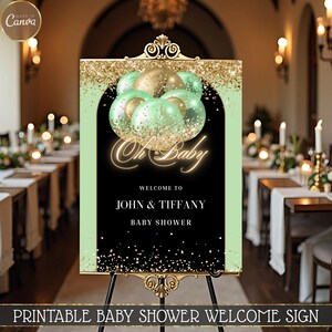 Oh Baby Green and Gold Glitter Balloon Welcome Sign, Editable Gender Neutral Shower Printable Party Decoration