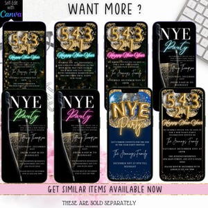 May include: A set of ten digital New Year's Eve party invitations. The invitations feature a gold and black color scheme with a champagne glass and the text "NYE Party".