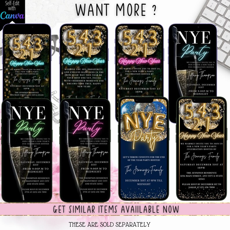 May include: A set of ten digital New Year's Eve party invitations. The invitations feature a gold and black color scheme with a champagne glass and the text "NYE Party".