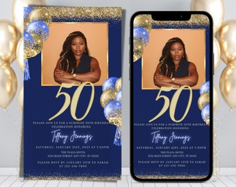 Electronic  50th Birthday Party Invitation, Digital Invite, Dinner, Blue Gold, Glitter, Adult, DIY, Editable Invitation, Instant download