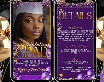 Può includere: Invito di laurea digitale su schermo di smartphone. Il design presenta una foto di una laureata, il testo "Congratulations Grad" e i dettagli della festa. La combinazione di colori è viola, oro e bianco.