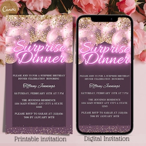 Digital Surprise Party Invitation, Electronic Birthday Dinner Surprise Party Text Message Evite, Pink Gold Balloons , Editable Invitation