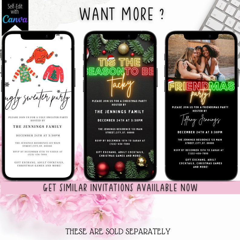 May include: Three digital invitations for a Christmas party, a tacky Christmas party, and a Friendmas party. Each invitation features a black background with colorful text and graphics. The invitations are designed to look like a smartphone screen.