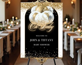 Oh Baby Shower Willkommensschild: Weiß & Gold Glitter, bearbeitbare Vorlage (Digitaler Download