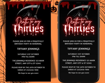 Digital Death To My Thirties, Electronic 40th Birthday Text Message Invite, Bloody Neon Red, Editable Invitation, Instant Download