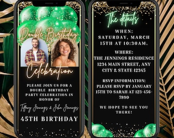 Digital Double Birthday Party Invitation, Joint Birthday Invite, Sibling Birthday, Green Gold Balloons, Editable Photo Template, Phone Evite