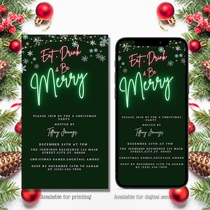 Digital Christmas Party Invitation, Electronic Adult Holiday Invite, Eat Drink & Be Merry, Cocktails, Editable invitation, Instant Download