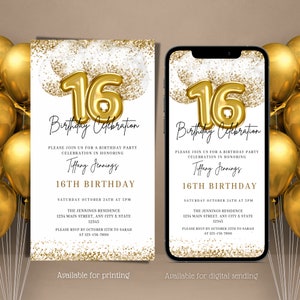 Digital 16th Birthday Invitation, Electronic 16th Gold White Glitter Balloons Text Message Invite, Editable Invitation, Instant Download