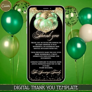 Green and Gold Balloon Thank You Card, Editable Digital Greeting, Any Occasion E-Card, Instant Download Template