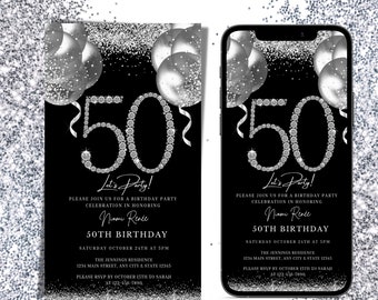 Invito elettronico per il 50° compleanno, invito digitale per il brunch del 50° compleanno con messaggio di testo, invito modificabile, download immediato