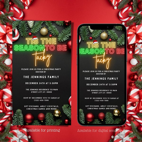 Tis The Season To Be Tacky Digital Invitation, Electronic Funny Christmas Party Text Message Invite, Editable Invitation, Instant Download