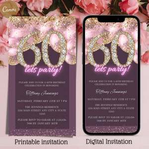 Electronic Women's 60th Birthday Party Invitation, Digital Sixty Pink Gold Balloons Text Message Invite, Diamonds, Editable Template