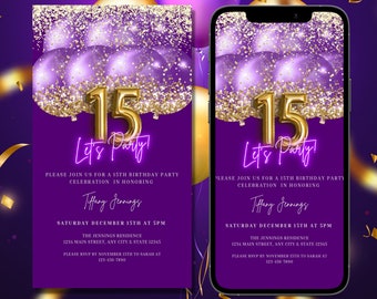 Digital 15th Birthday Party Invitation, Electronic Purple Gold Teens Birthday DIY Text Message Evite, Editable Invitation, Instant Download