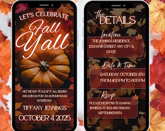 May include: Digital invitation template for an autumn bash. The design features two smartphone screens with fall-themed graphics. One screen says "Let's Celebrate Fall Y'all" with a pumpkin graphic. The other screen displays event details. Includes text: "Digital and Printable Invitation Template."