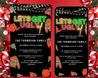 Pode incluir: Um convite imprimível e digital para uma festa de suéteres feios organizada pela família Thompson em 24 de dezembro às 15h30. O convite apresenta um fundo preto com texto verde neon e amarelo que diz "Let's Get Ugly". O convite também apresenta uma variedade de suéteres de Natal feios, coloridos, festivos e engraçados.