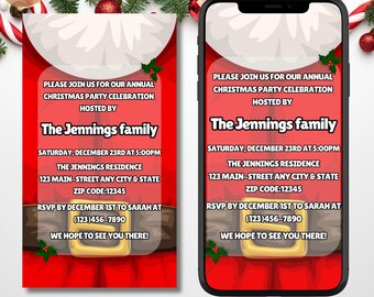 May include: Printable and digital Christmas party invitation featuring a Santa Claus illustration with a red suit, white trim, and a gold belt buckle. The invitation includes the text "Please join us for our annual Christmas party celebration hosted by The Jennings family" and details about the event, including the date, time, location, and RSVP information.