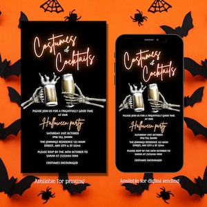 Electronic Costumes and Cocktails Halloween party invitation, Skeleton, Adult Halloween Party, Boos and Brews, instant download