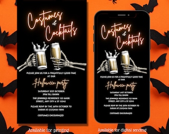 Electronic Costumes and Cocktails Halloween party invitation, Skeleton, Adult Halloween Party, Boos and Brews, instant download