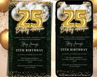 Digital 25th Birthday Invitation, Electronic Gold White Balloons Greenery DIY Text Message Invite, Editable Invitation, Instant Download