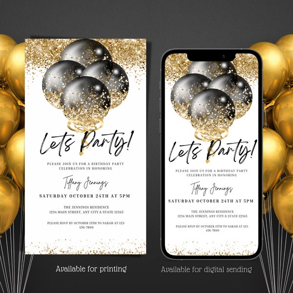 Digital Black And Gold Glitter Balloons Let's Party Invitation, Electronic Any Event DIY Text Message Invite, Editable Invitation