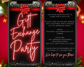 Peut inclure: Une invitation numérique pour une fête d'échange de cadeaux. L'invitation est conçue pour ressembler à l'écran d'un smartphone avec un nœud rouge et des paillettes dorées. Le texte de l'invitation indique "Gift Exchange Party" et comprend des détails sur l'événement, tels que la date, l'heure et le lieu. L'invitation comprend également un message demandant aux invités de confirmer leur présence avant le 30 novembre.