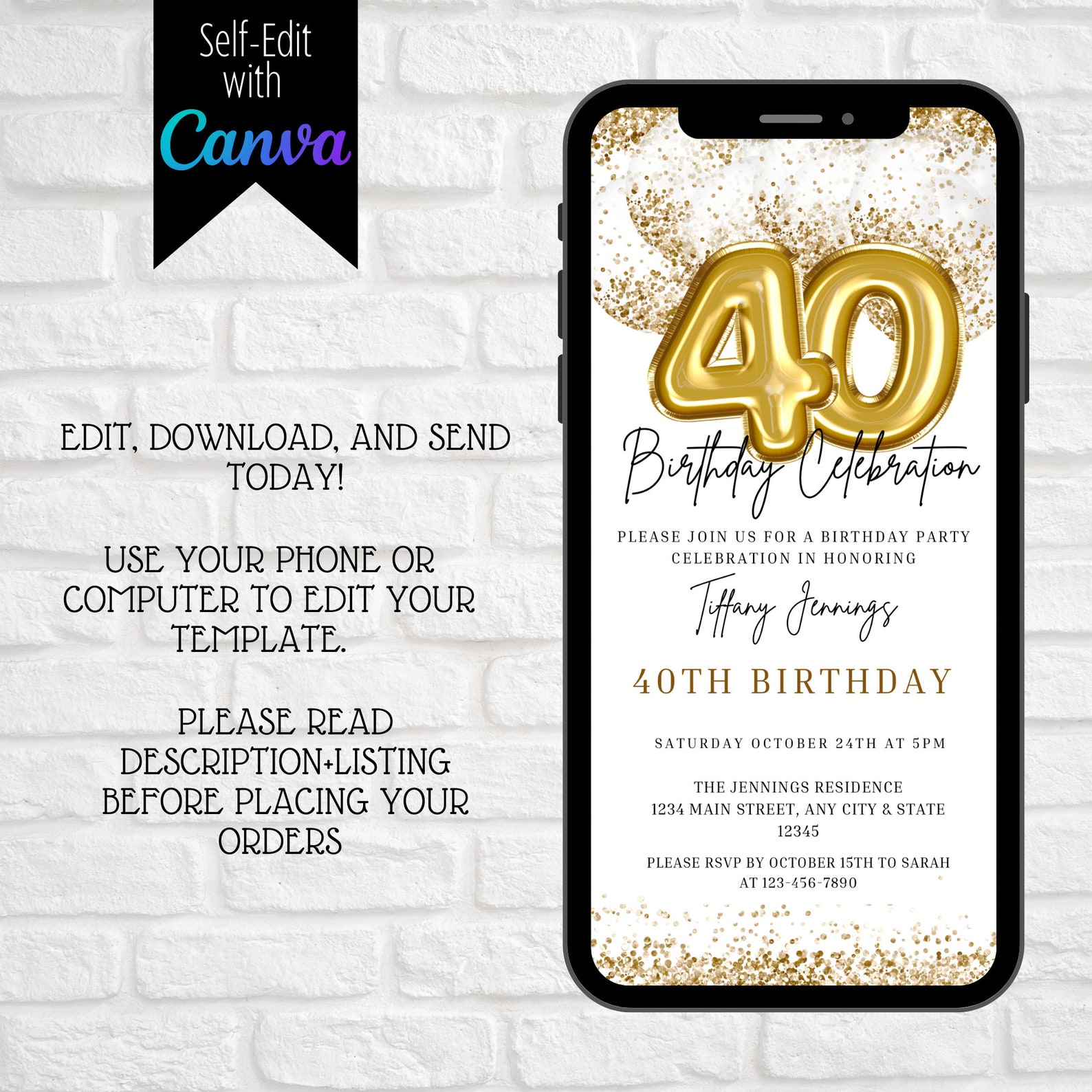 Digital 40th Birthday Invitation, Electronic 40th Gold White Glitter ...