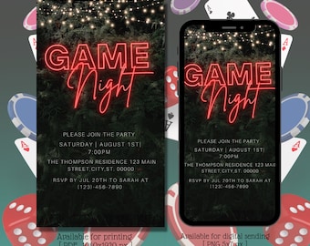 Game Night Digital Neon Red Invitation, Greenery, Family game night, Couples game night, Adult party, Editable Template, Instant