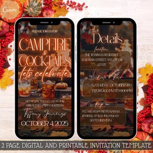 Op de afbeelding: Digitale uitnodigingssjabloon voor een Campfire & Cocktails-feest. Het ontwerp bevat herfstbladeren, pompoenen en cocktails. De uitnodiging bevat evenementdetails zoals datum, tijd, locatie en RSVP-informatie. De sjabloon is een ontwerp van 2 pagina's.