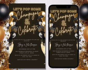 Digital New Year's Eve Invitation, Electronic Party Invite, Champagne, Gold Black, NYE 2026 Party, Editable invitation, Instant download