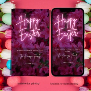 Cartão floral digital de feliz Páscoa, cartão eletrônico de Páscoa, família, celebração de Páscoa, convite editável, download instantâneo