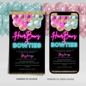 Digital Neon Pink and Blue Balloons Gender Reveal Invitation, Electronic Hairbows Or Bowties Text Message Invite, Editable Invitation