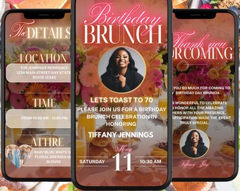 70th Birthday Brunch Invitation, Editable Digital Floral Invite, Pink & Orange Theme, Instant Download with Thank You Card