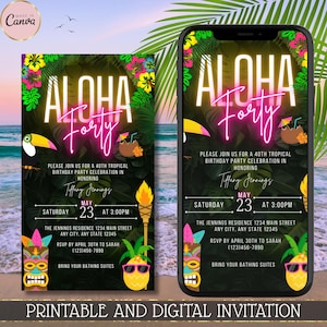 Editable Aloha Forty 40th Birthday Invitation, Neon Pink Tropical Luau Theme, Printable Party Invite, Instant Download Template