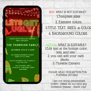 May include: A digital invitation for an Ugly Sweater Party hosted by The Thompson Family on December 24th at 3:30 PM. The invitation features a red and green background with festive Christmas lights and a neon sign that says "Let's Get Ugly". The invitation includes the date, time, location, RSVP information, and details about the party, including a gift exchange, adult cocktails, Christmas games, and more.