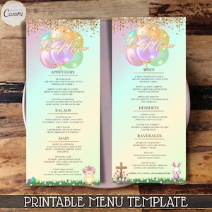 Printable Easter Menu Template, Easter Brunch Menu, Pastel & Balloons Design, Personalized Menu Card, Editable Template, Instant Download